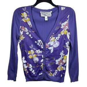Nick‎ & Mo Cardigan Women’s Medium Purple Cotton Floral Button Front Sweater